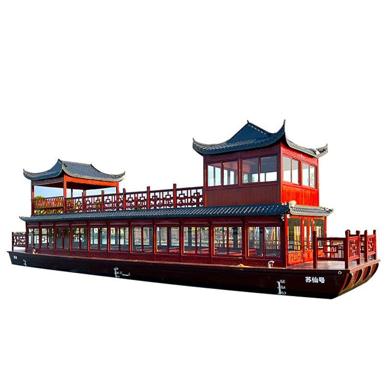 观光画舫船木船水上餐饮风景民宿装饰大型双层画舫船公园旅游游船