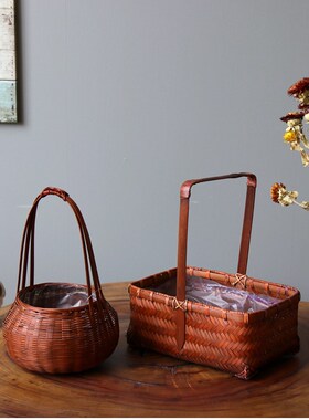 田园风竹编手提花篮o防水内衬插花篮子礼品收纳储物篮鸡蛋篮采摘