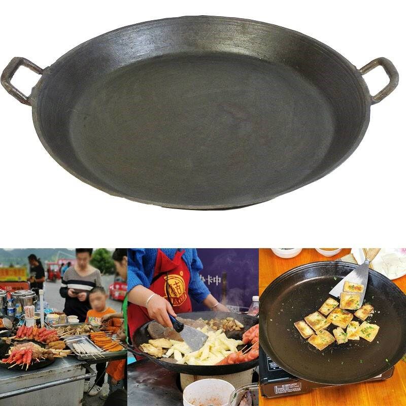新款传统老式铸铁煎锅生煎包双耳煎饼平底大铁锅商用60cm烙饼