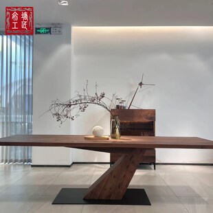 新中式北美黑胡桃木实木大餐桌茶桌办公桌简约设计感会议桌台定制