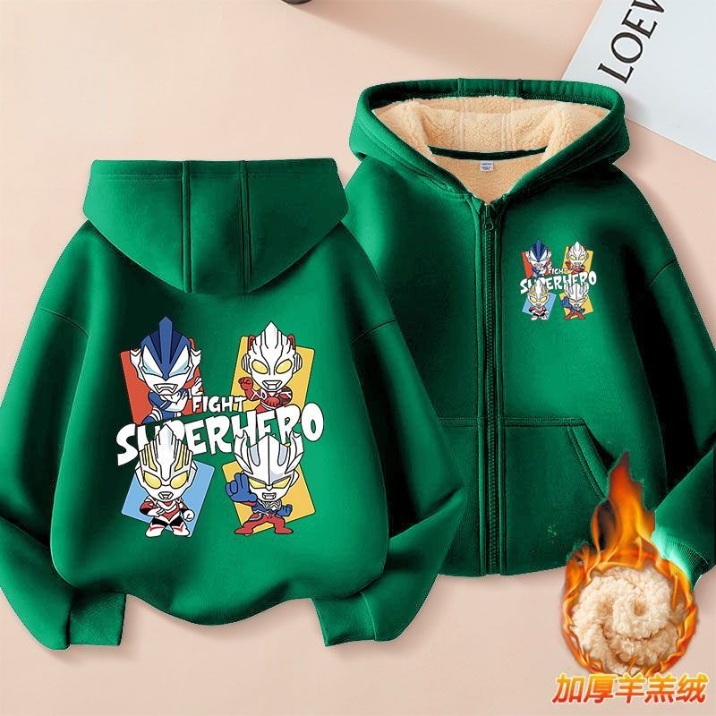 NASA儿童加绒外套奥特曼男童冬季加厚卫衣羊羔绒开衫保暖连帽外套