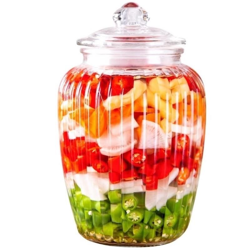 腌菜罐玻璃泡菜坛子储物罐泡菜罐厨房密封瓶子无铅钠钙竖纹罐中式