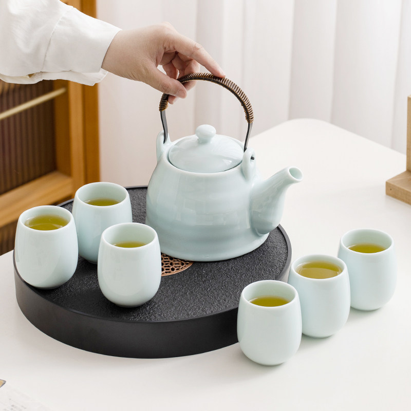 青瓷提梁壶茶具套装陶瓷家办公室用简约大号茶壶茶杯功夫茶具整套