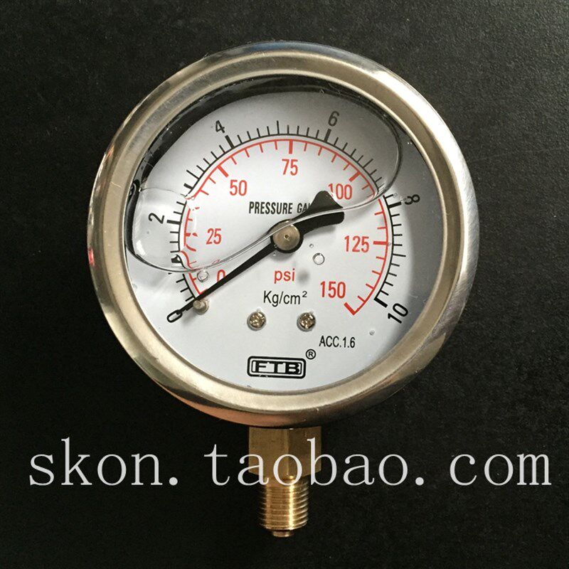 FTB压力表150PSI充油不锈钢外壳60MM直立铜接头防震液压表0-10KG