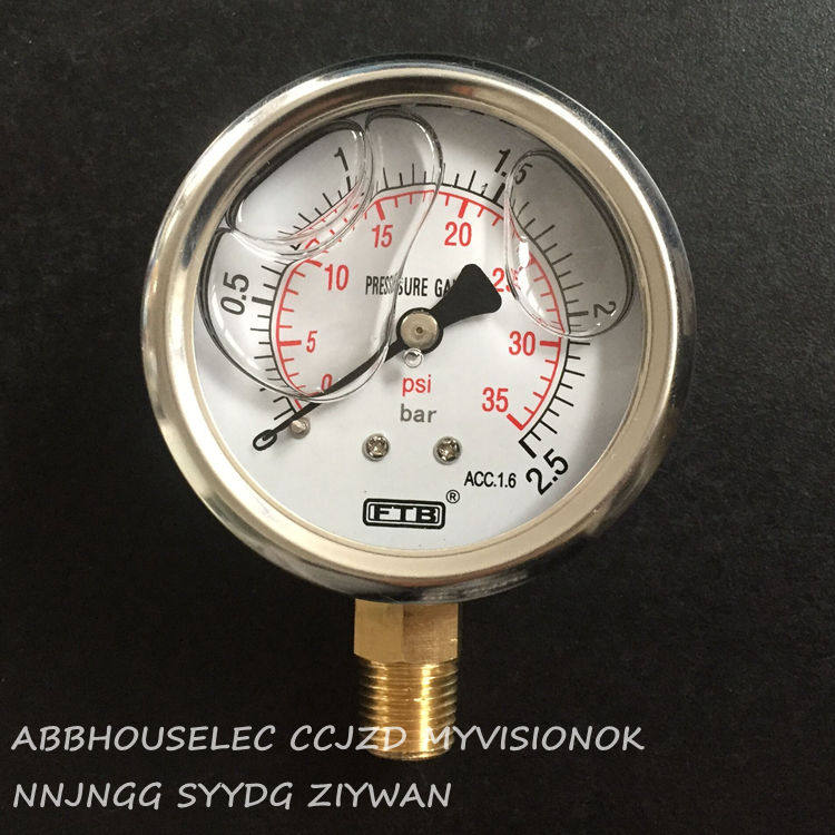 FTB不锈钢耐震压力表0-2.5BAR防震油压表60mm接头螺纹1/4PT直立式