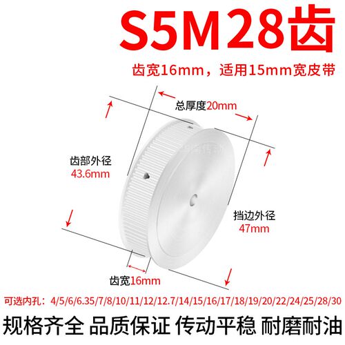 同步轮S5M28带宽15两面平内孔5 6 8 10 11 12 12.7 14 15同步带轮
