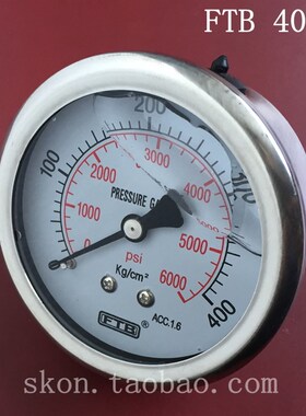 FTB压力针0-400KG轴向耐震压力表1/4PT牙6000PSI液压站油表2分牙