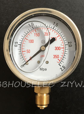 不锈钢耐震压力表0-2.5MPa接头丝口16mm注液防震压力表0-350PSI