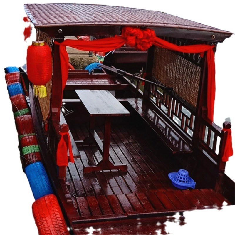 木船仿古手划摇橹乌篷船水上电动观光旅游船5米单篷手划船餐饮船