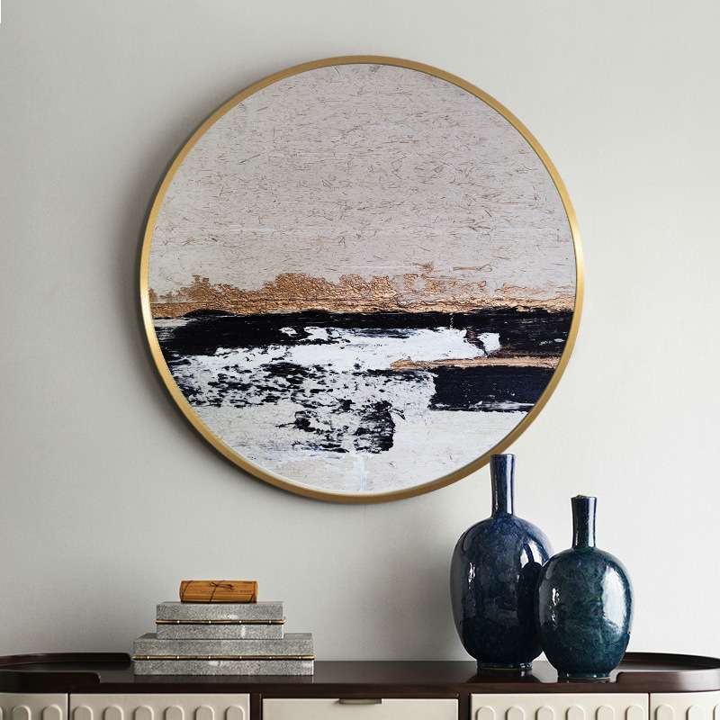 现代手绘油画新中式玄关圆形挂画客厅餐厅走廊装饰画样板间配画图片