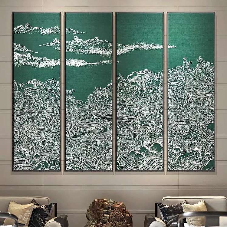 玄关茶室高档浮雕红色壁画客餐厅酒店书房中堂新中式多联装饰挂画图片