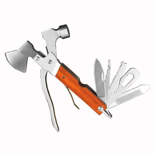 现货彩木不锈钢多功能斧头 汽车工具户外野营斧锤 多用彩木羊角锤