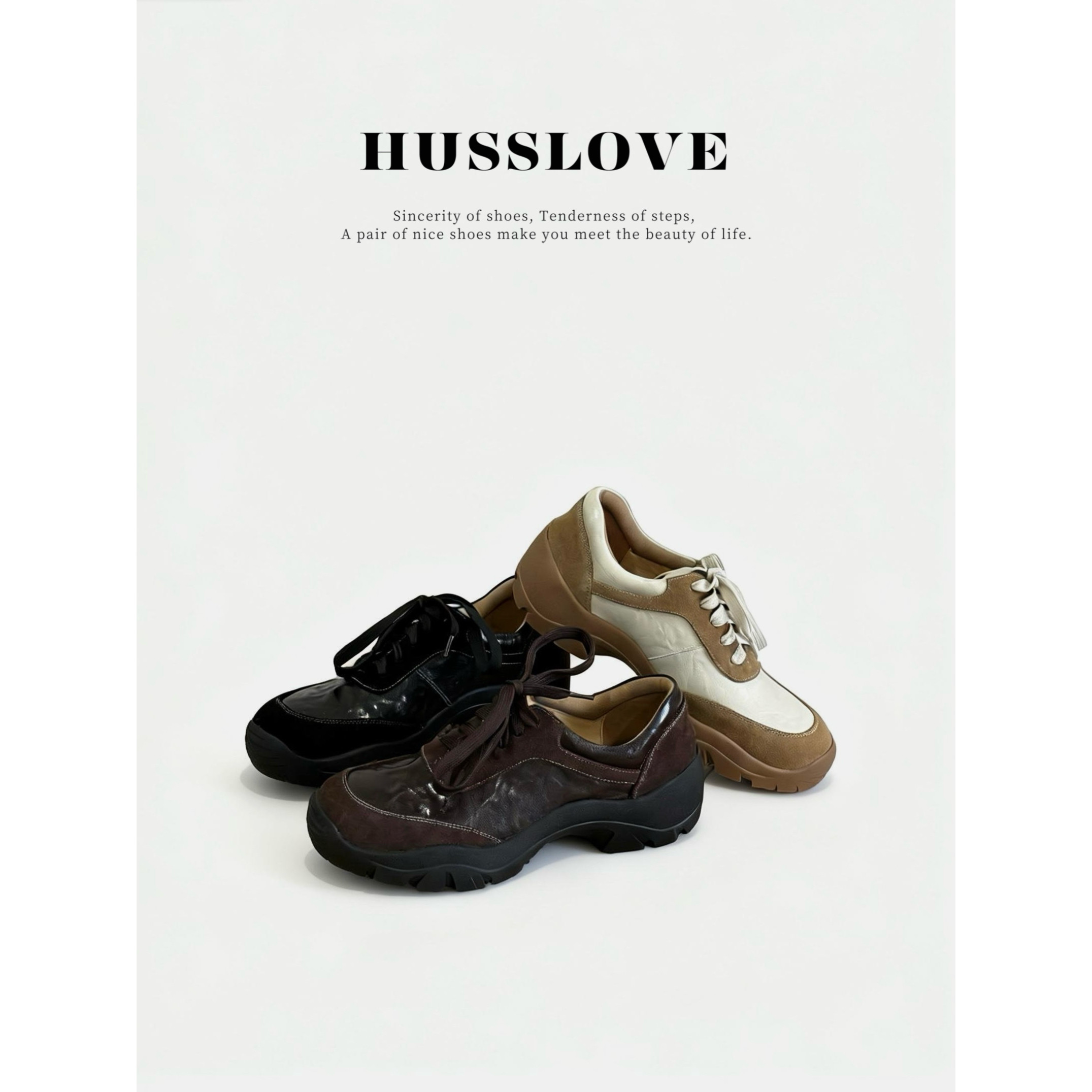 HUSSLOVE 复古拼接羊皮时尚休闲鞋