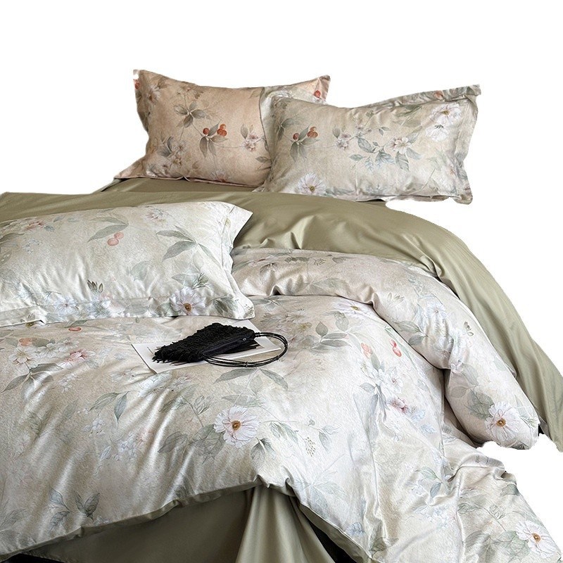 时髦又高级!100S高支兰精天丝四件套美式花卉冰丝被套床单南通