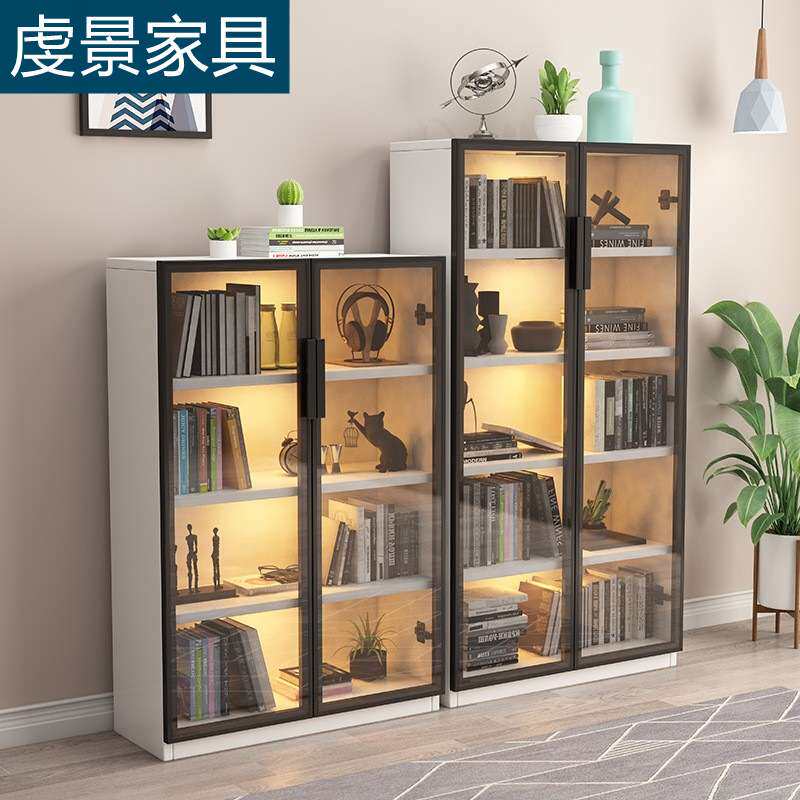 实木书柜带玻璃柜门现代简约客厅置物架储物柜带LED感应灯陈列柜