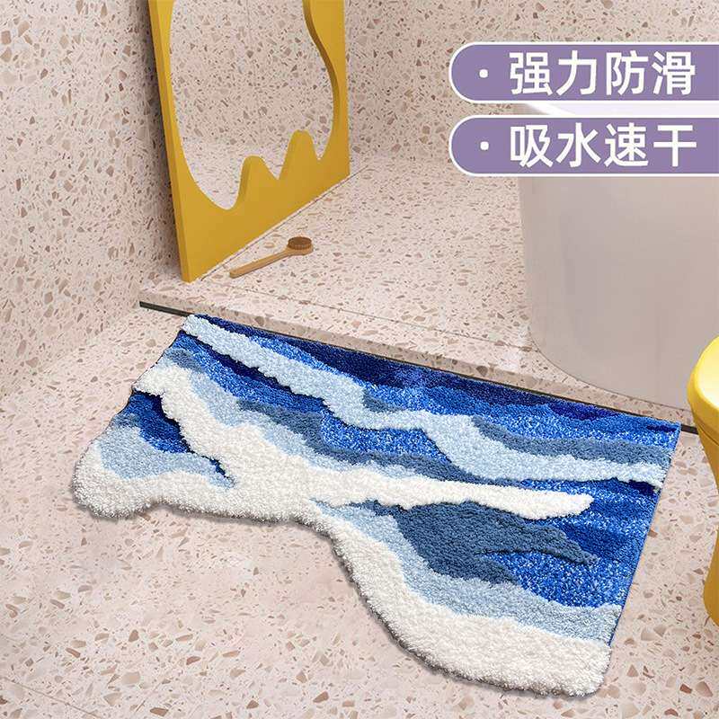 植绒卧室地毯异形客厅ins风淡蓝色海浪防滑耐脏床边地毯地垫