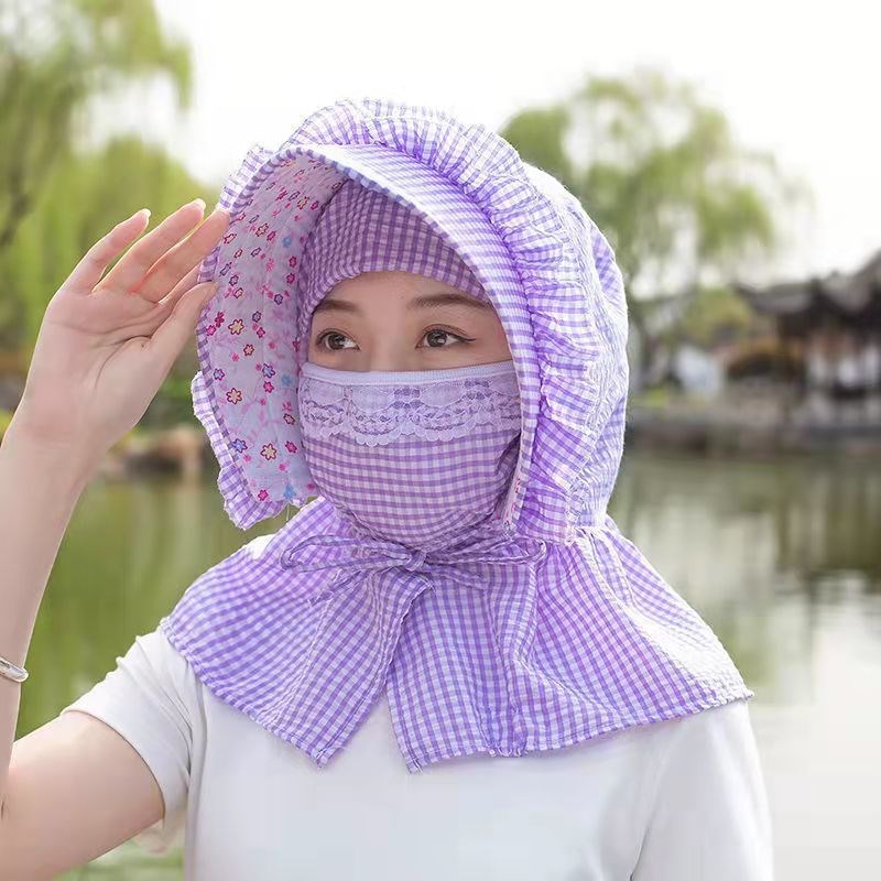 新款大檐防晒遮阳木耳边帽披肩口罩互脸护颈防尘工作帽农田干活帽