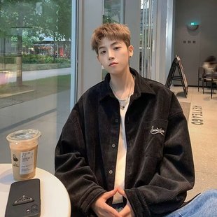 灯芯绒长袖衬衫男春秋季宽松时尚ins潮流痞帅小众设计感衬衣外套