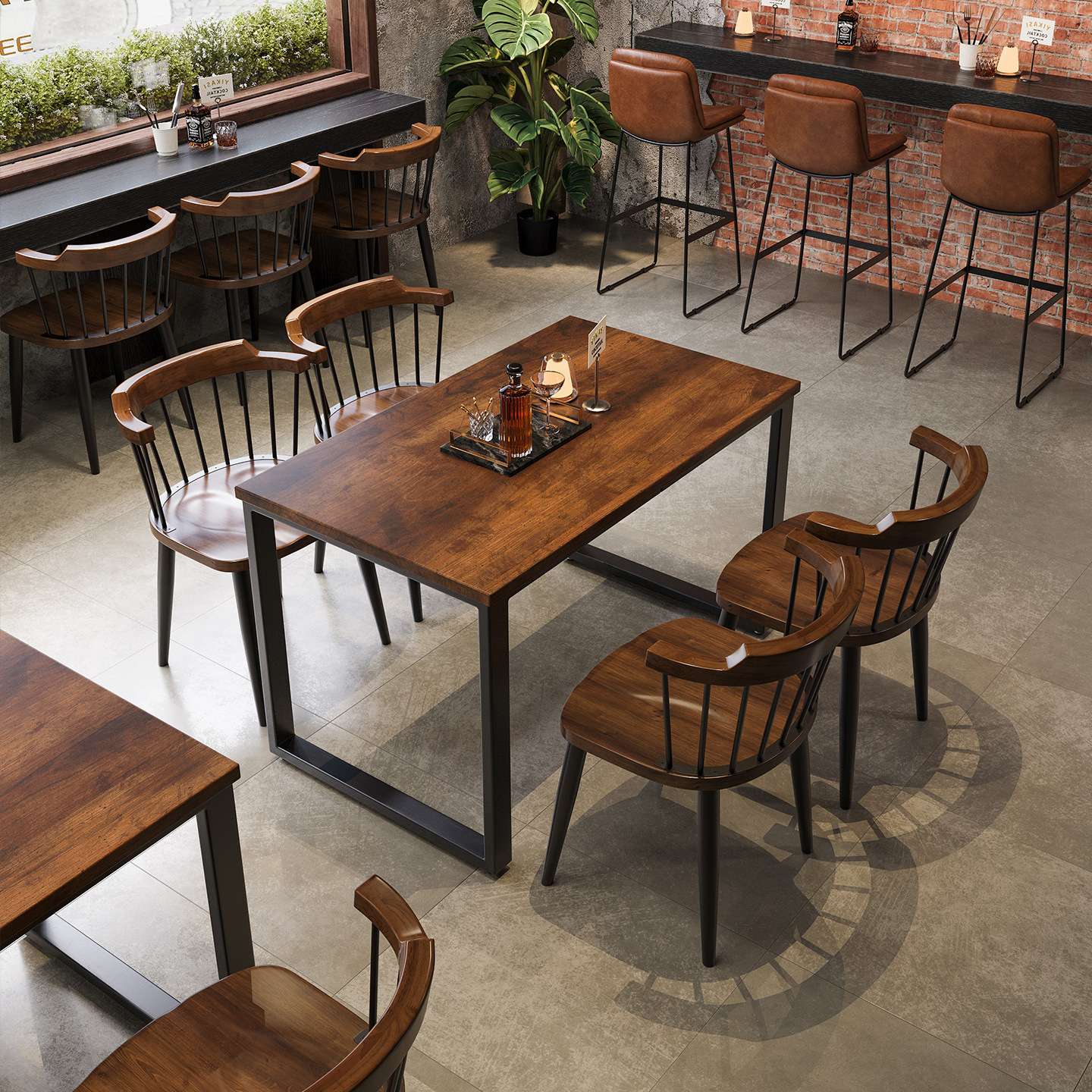 复古风咖啡厅酒吧酒馆长方形实木餐桌椅组合商用工业风烧烤店桌椅