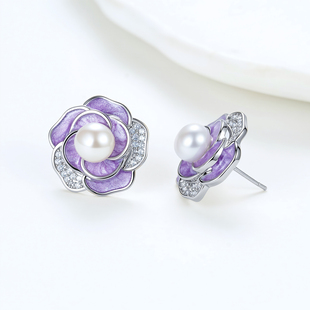 「薰衣草之恋」天然淡水珍珠耳钉立体山茶花耳饰个性 小众耳环G090