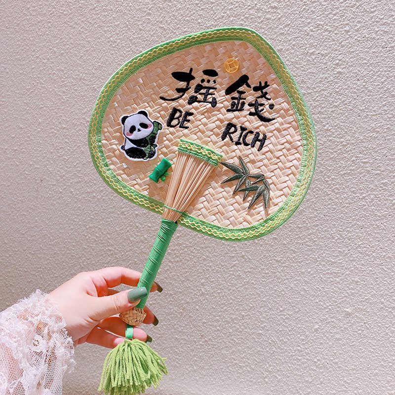 HD4345A05八方来财摇钱蒲扇手工编织扇子个性古风夏日凉爽手摇扇