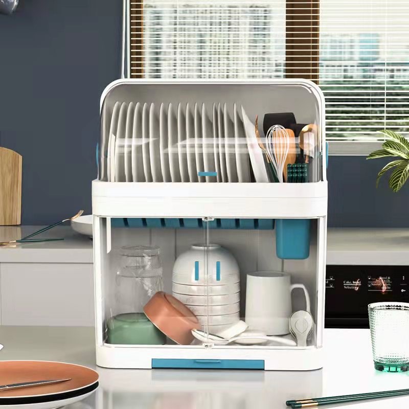 碗筷收纳盒厨房双层碗架带盖放餐具 装碗碟盘沥水置物架塑料碗柜