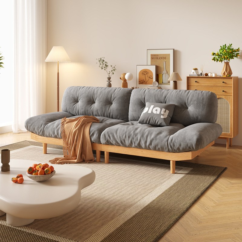 日式布艺实木沙发客厅大小户型奶油风云朵直排三人位绒布懒人沙发