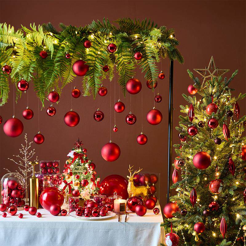 2024新款红色亮光哑光圣诞球橱窗树挂件吊饰3-15cm节日装饰布置品