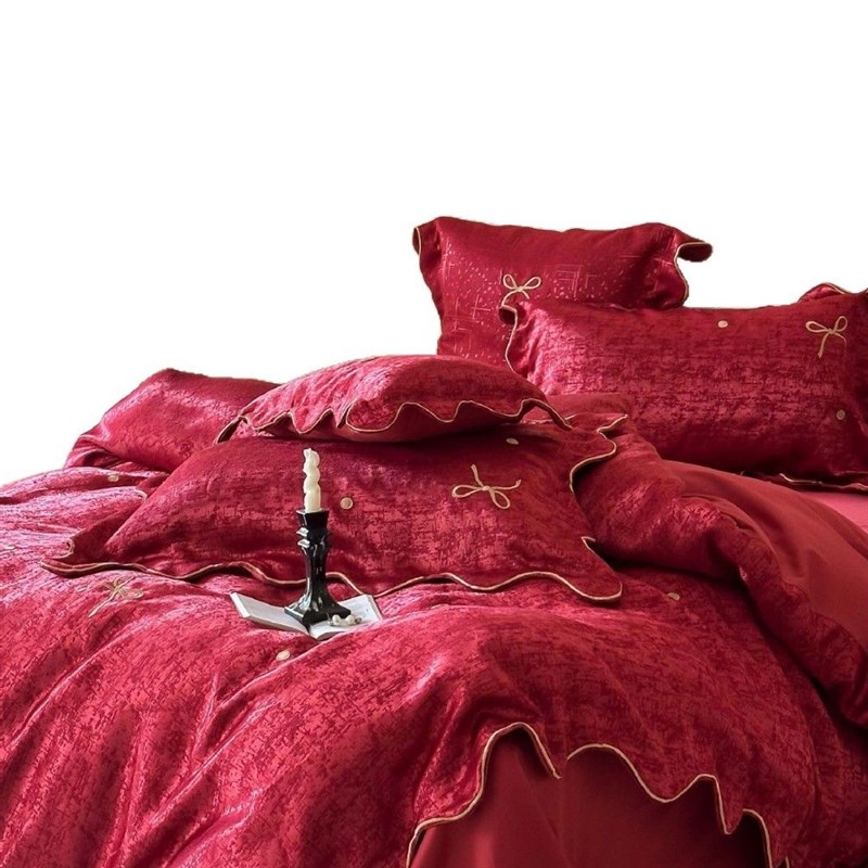 100支长绒棉四件套提花蝴蝶结红色结婚床上用品被套床单高档轻奢