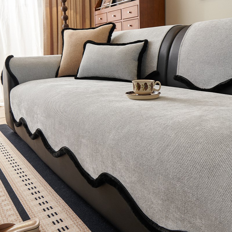 深色系异形雪尼尔沙发垫带黑色装饰毛边四季通用防滑沙发坐垫套罩