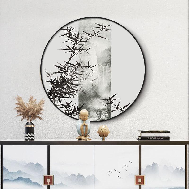 新中式玄关装饰画圆形入户走廊过道挂画客厅圆形餐厅壁画茶室画