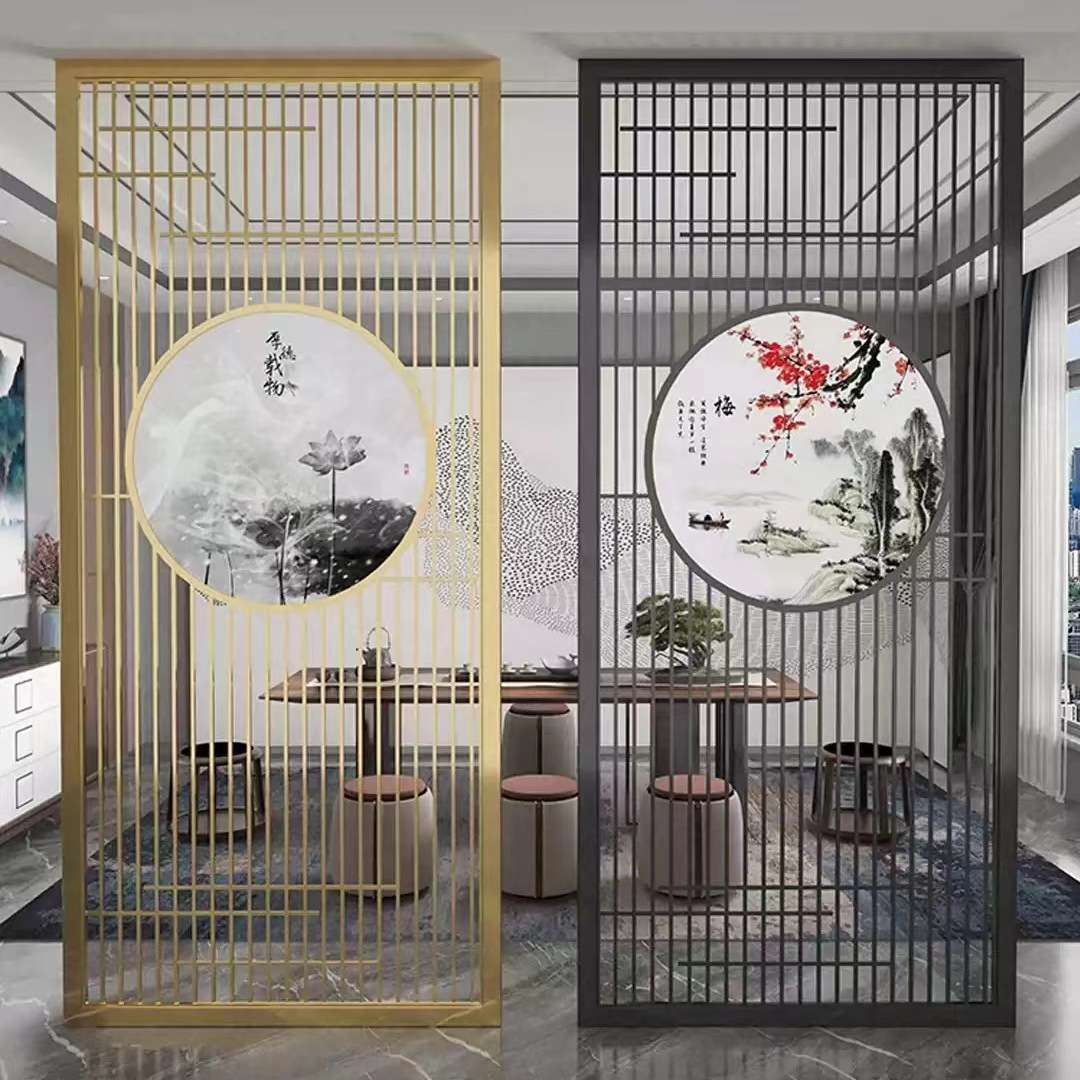 新中式轻奢酒店客厅入户玄关隔断格栅镂空花格玻璃不锈钢屏风隔断