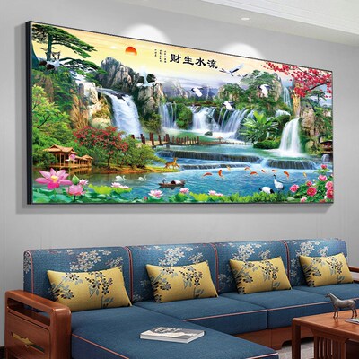流水生财山水风景画农村中堂画客厅迎客松L挂画沙发背景墙装饰壁