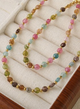 多巴胺彩色天然碧玺串珠项v链新中式小众个性气质锁骨链高级感饰