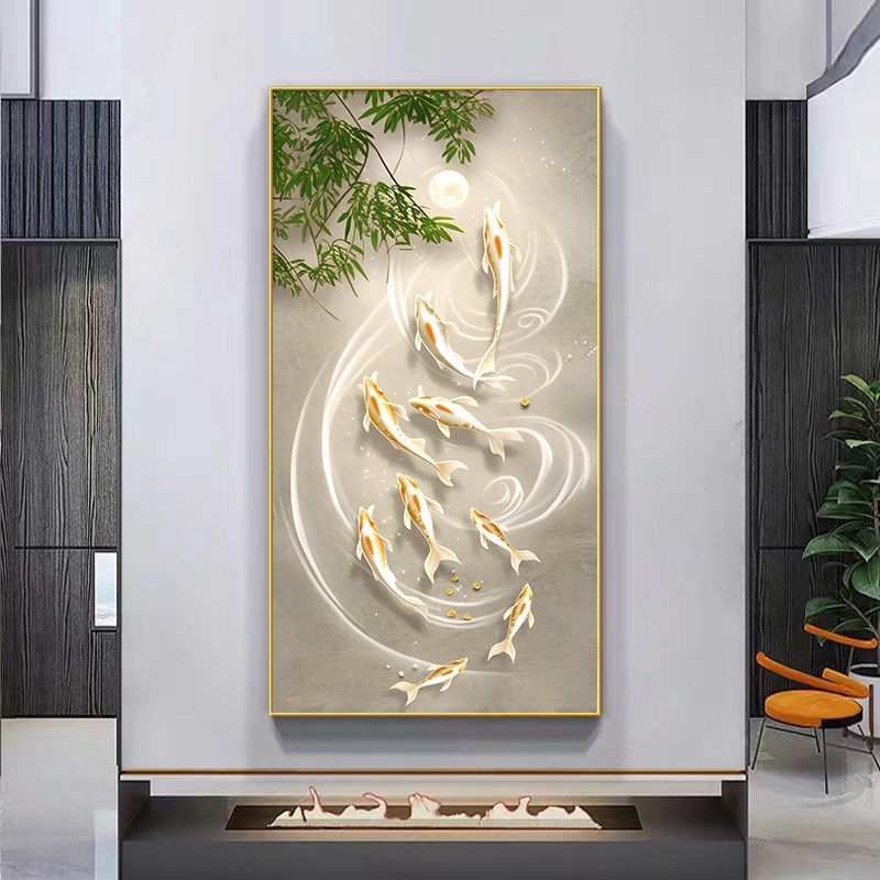 九鱼图玄关装饰j画轻奢客厅大气鹿挂画入户进门走廊过道墙壁画图片