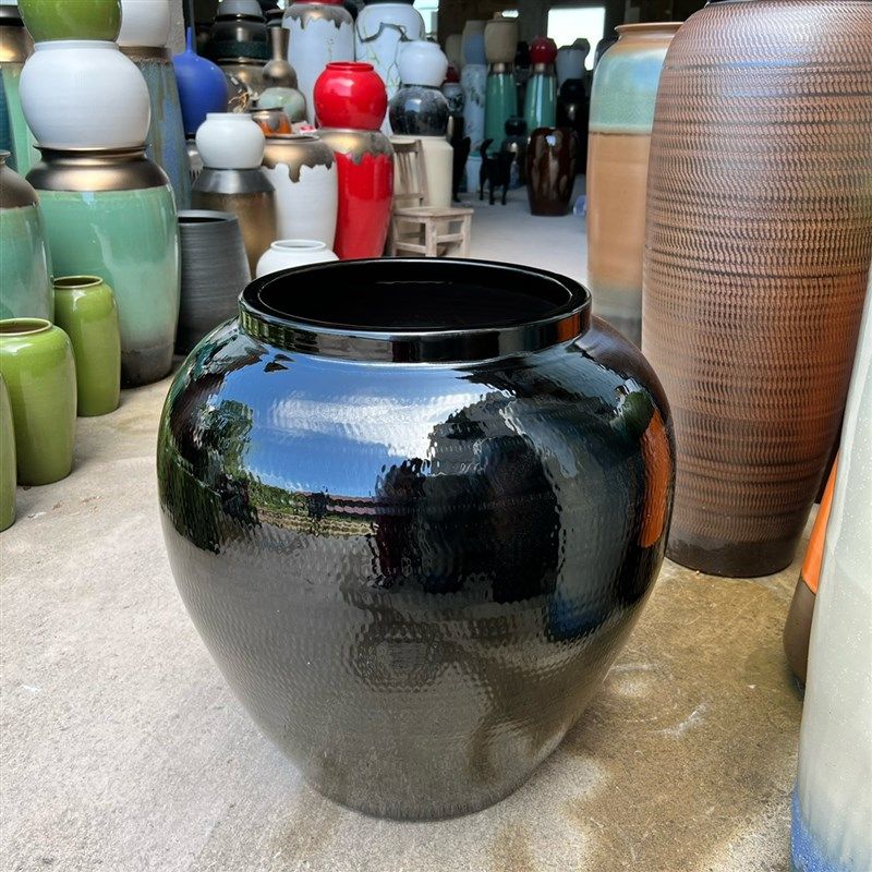 黑色大缸落地陶瓷罐酒店大厅x插花瓶景观流水坛子餐厅庭院别墅摆