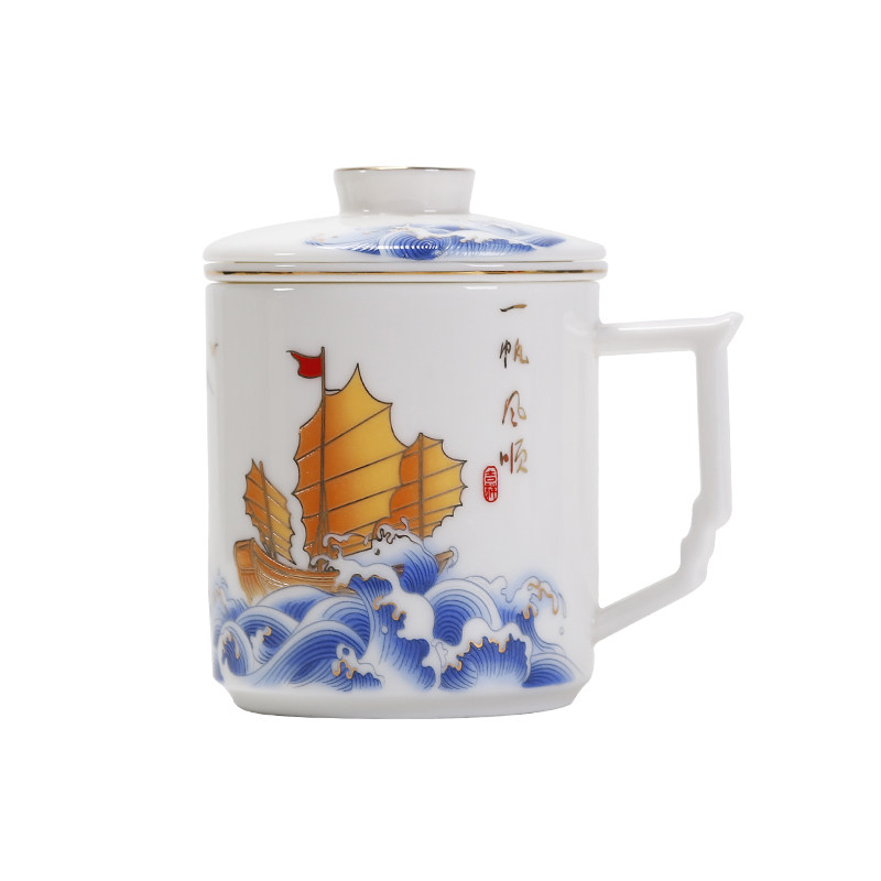 原源羊脂玉陶瓷水杯办公室茶水分离带盖白瓷大容量茶杯子定制LOGO