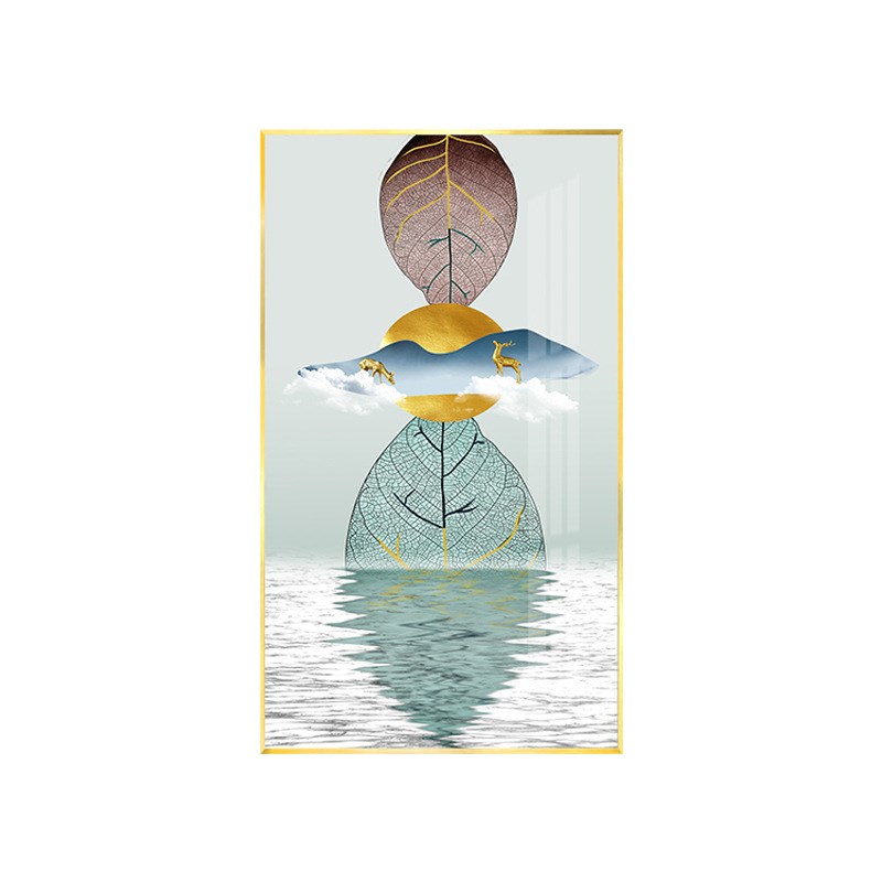现代简约抽象艺术玄关装饰画 竖版金色麋鹿挂画线条酒店走廊壁画