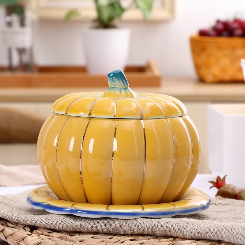 南瓜碗日式汤碗带盖陶瓷碗家用网红餐具儿童辅食碗隔水炖盅蒸蛋碗