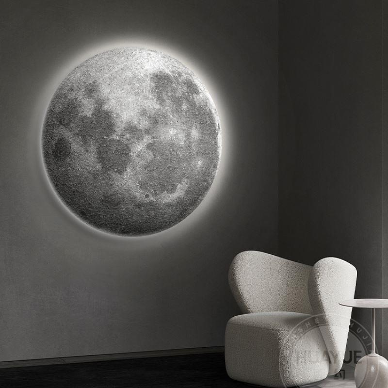 月球客厅背景墙面装饰画卧室床头壁画圆形发光灯画肌理画玄关挂画