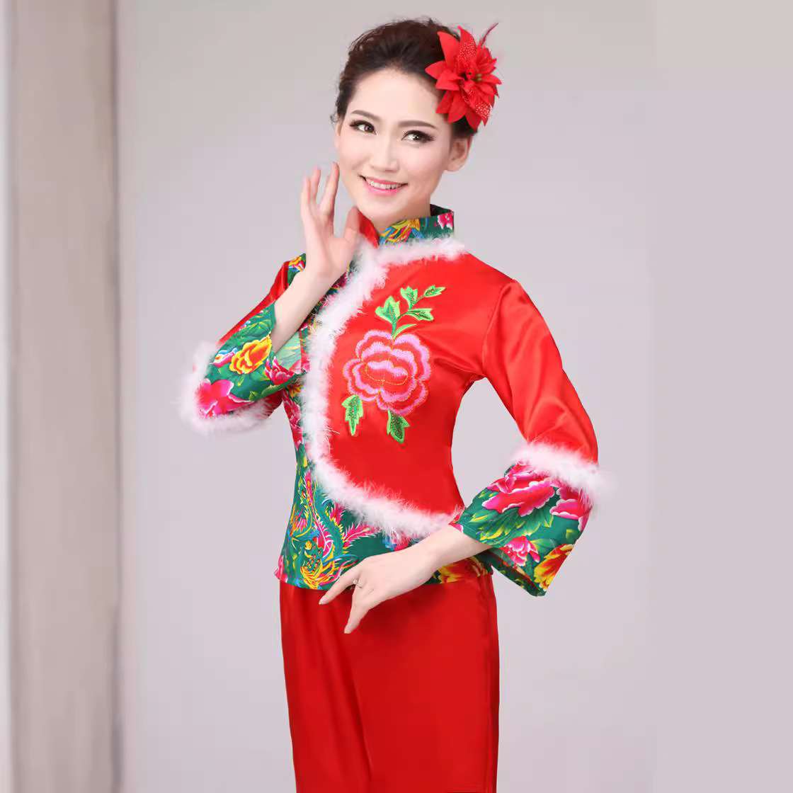 新款东北民族舞蹈花布大秧歌舞服装女中老年腰鼓广场舞套装演出服