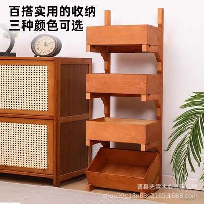 现货实木三层置物架落地式厨房多层杂物家用收纳蔬菜客厅整理支架