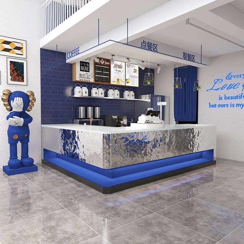 简约现代不锈钢餐饮烧烤奶茶店弧形吧台前台理发店收银台转角定制