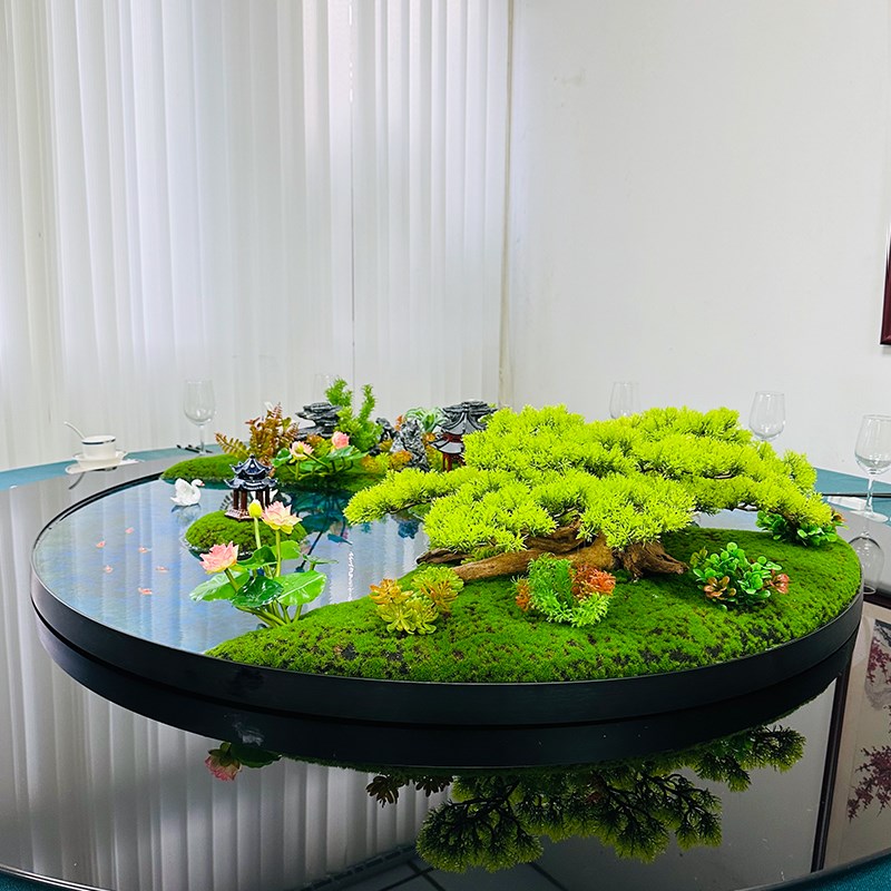 新中式大圆桌电动转盘中间装饰花艺摆设酒店餐桌花造景微景观摆件