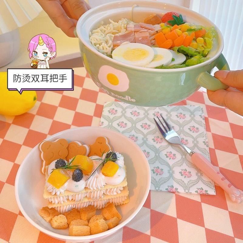 陶瓷泡面碗餐具可爱女学生宿舍用碗碟碗筷套装家用饭碗带盖手柄碗
