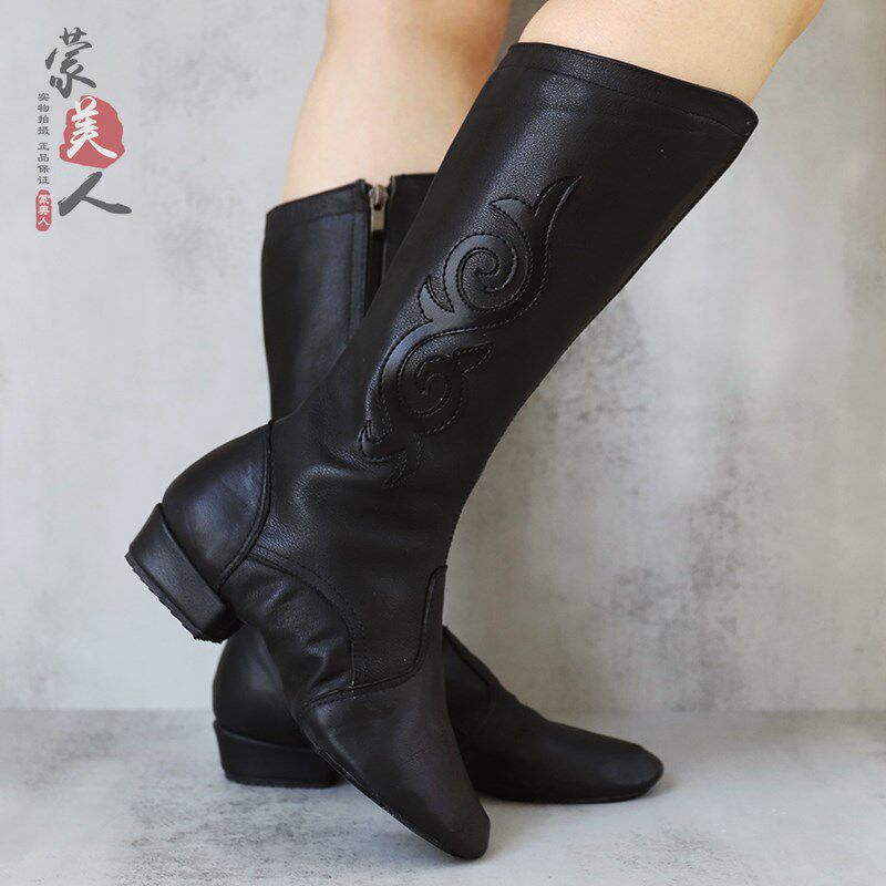 蒙古族舞蹈靴子软底舞鞋纯皮手工中筒女靴民族舞蹈艺考练功鞋