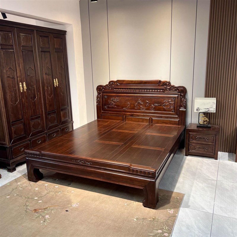 南美榫卯紫檀木全实木床中式1.8明清古典仿古加粗主卧雕花木床1.5