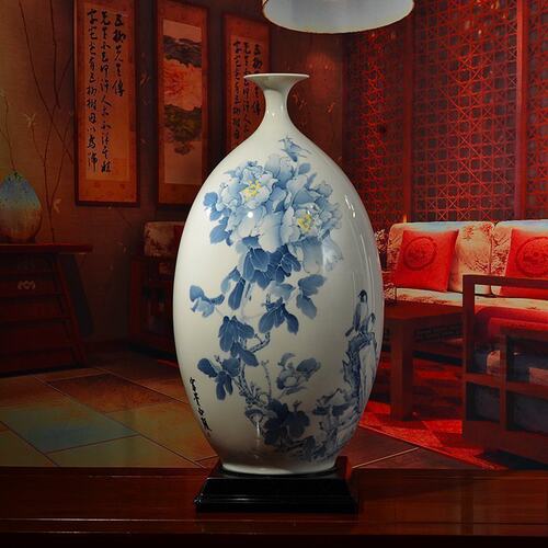《富贵白颜》釉下手n绘陶瓷橄榄花瓶中式古典客厅博古架酒柜摆件