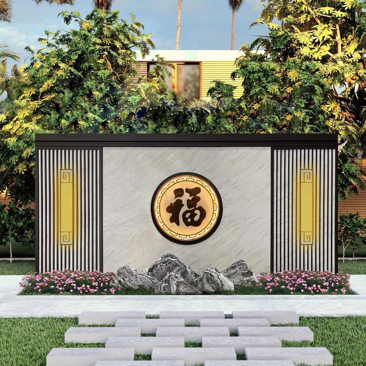 不锈钢隔断幕墙影壁园林门别墅迎景观屏风背景墙流水户外水庭院