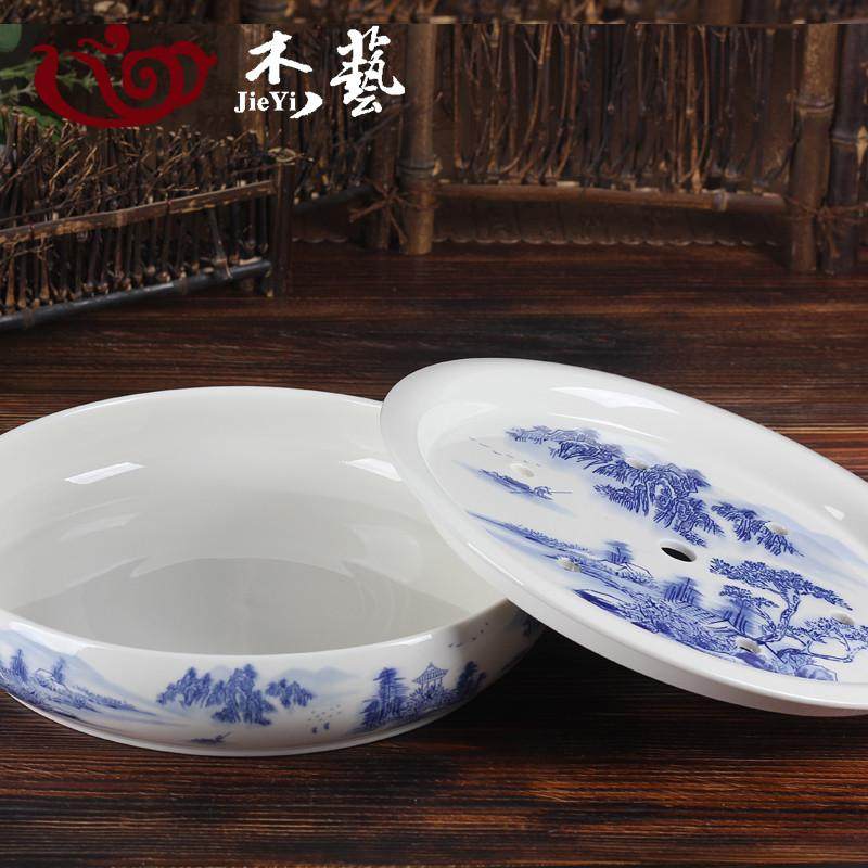 青花瓷茶具茶盘茶海双层圆形茶船茶台储水式大号功夫茶托盘茶碗